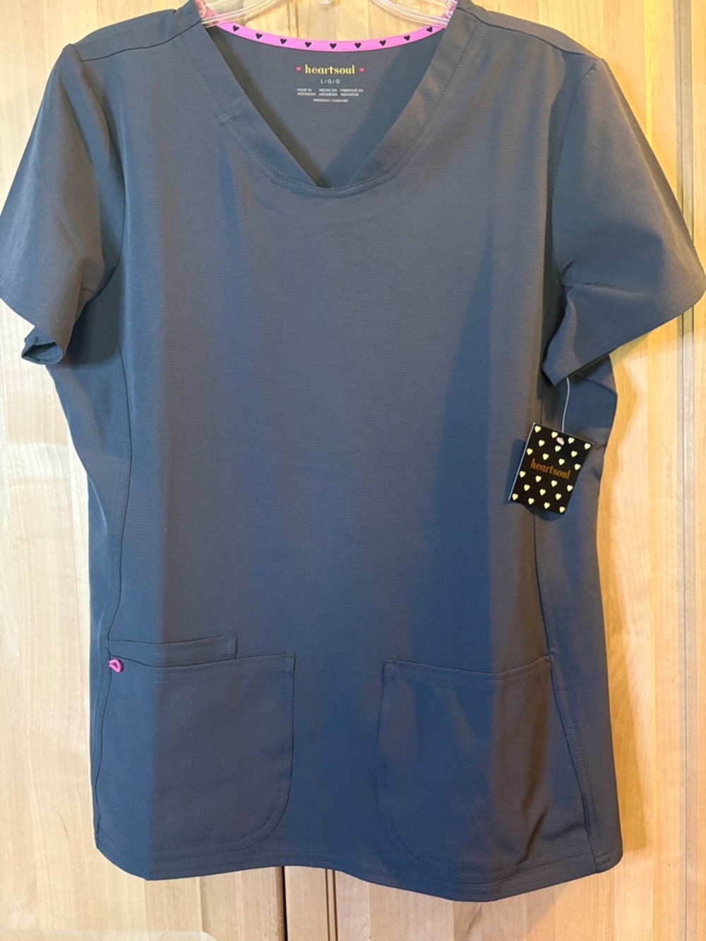 HeartSoul Pewter V‑Neck Scrub Top with Pink Heart Trim